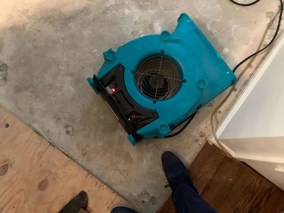 Air mover drying subfloor during Commercial Water Damage Restoration in Rio Linda